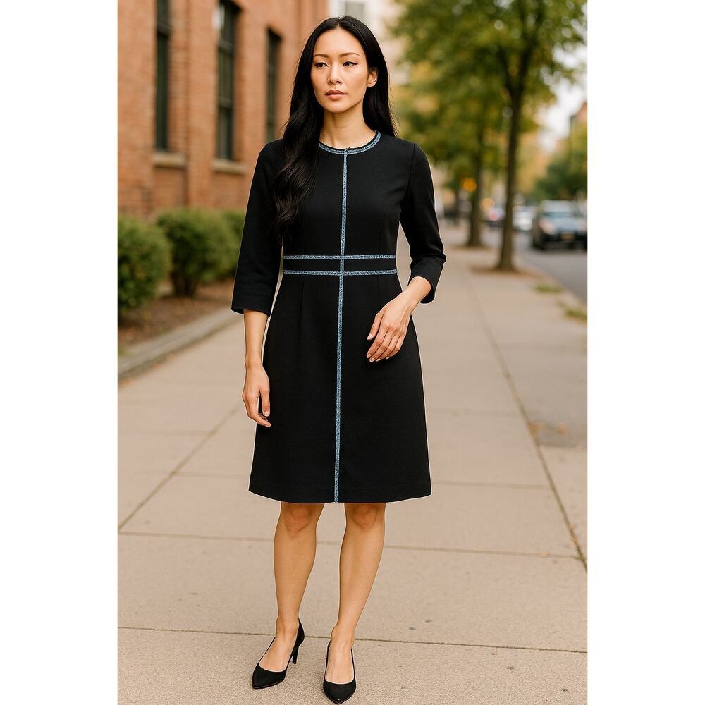Ming Wang Mosaic Trim Knit midi sheath Dress in Black sz large
